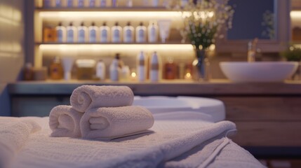 A couple of towels sitting on top of a table. Suitable for bathroom or spa-related designs