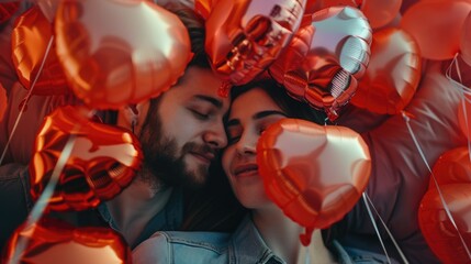 A man and a woman enjoying a relaxing moment together in front of a vibrant display of balloons. Perfect for celebrations, parties, or joyful occasions