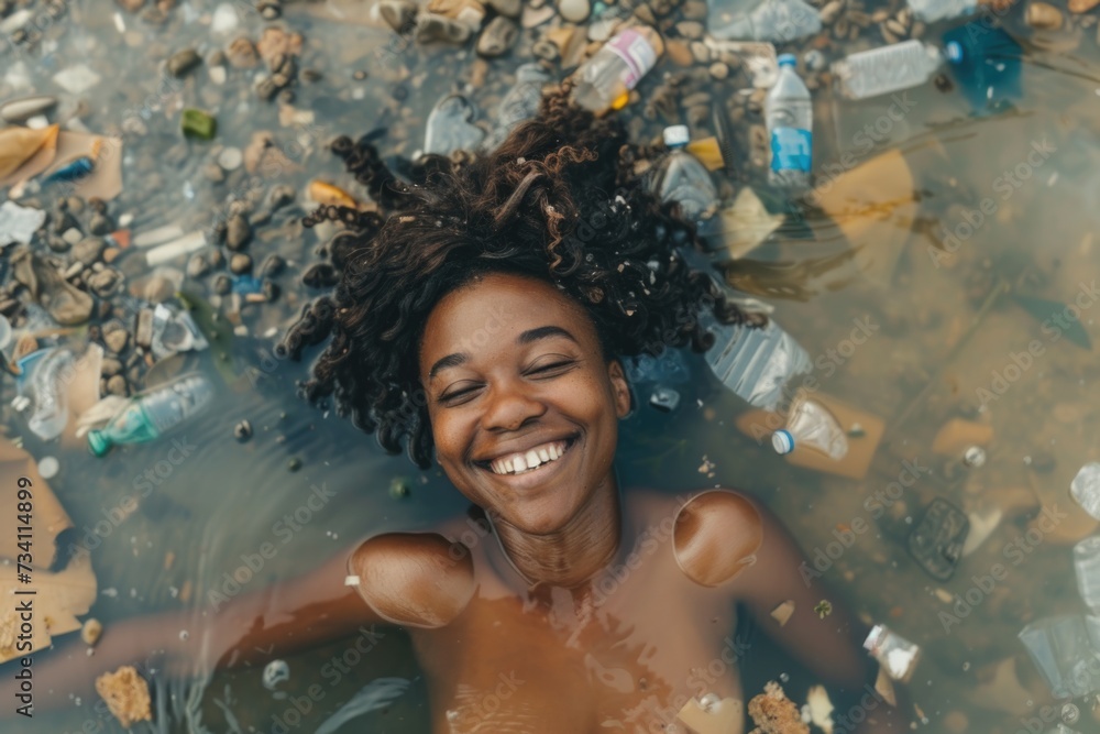 Poster a woman standing in a body of water filled with trash. this image can be used to raise awareness abo