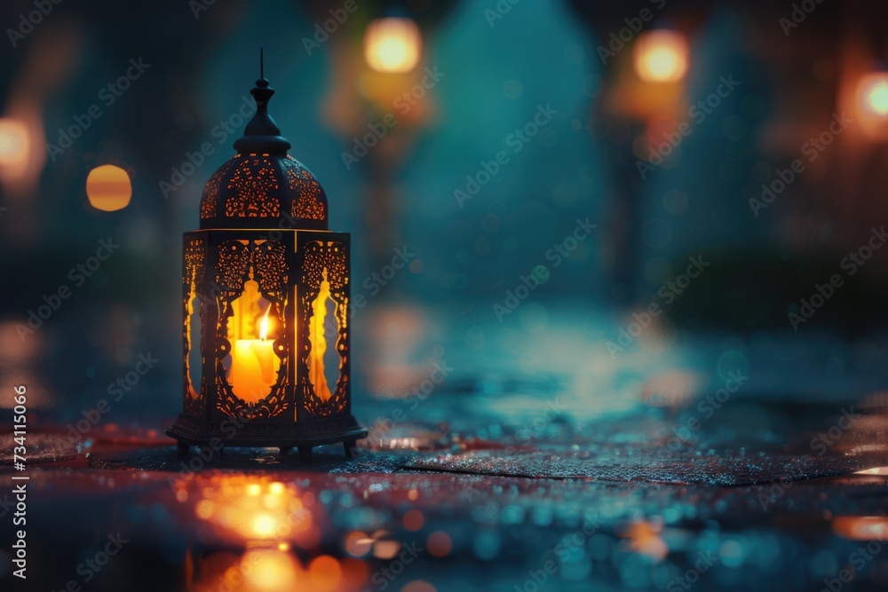 Poster a single lit candle illuminates the darkness on a rainy night. perfect for creating a cozy and intim