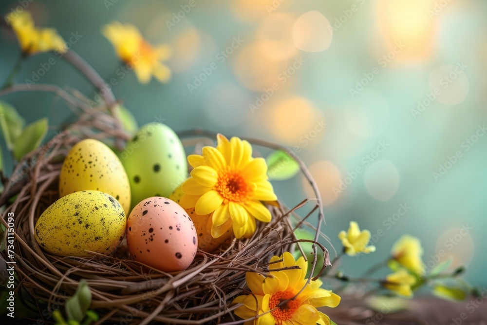 Poster a bird nest filled with eggs and surrounded by colorful flowers. perfect for nature and spring-theme