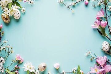 Spring Easter Background with Decorative Eggs and Blossoms on a Pastel Blue Surface.
