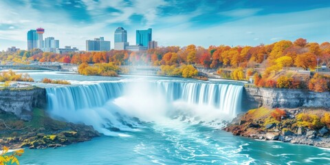 A picturesque landscape featuring a majestic waterfall flowing in the foreground with a cityscape in the background. This image captures the harmony between nature and urban life.