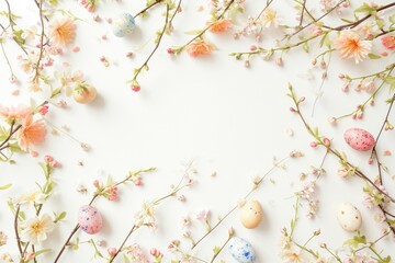 Festive Spring Blossom Frame with Pastel Easter Eggs.