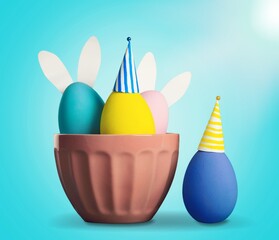 Collection of the beautiful colored easter eggs in the basket