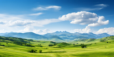 Beautiful landscape with green meadows and mountains under blue sky.