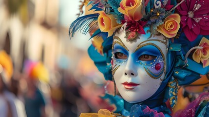 Vibrant venetian carnival mask adorned with flowers. a portrait of festival elegance and mystery. perfect for themed events. AI