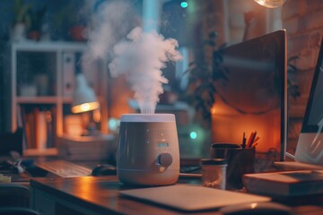 A humidifier sitting on top of a desk next to a computer. Suitable for home or office use
