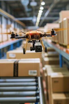 A drone flying over boxes in a warehouse. Ideal for showcasing logistics and technology advancements in the warehouse industry