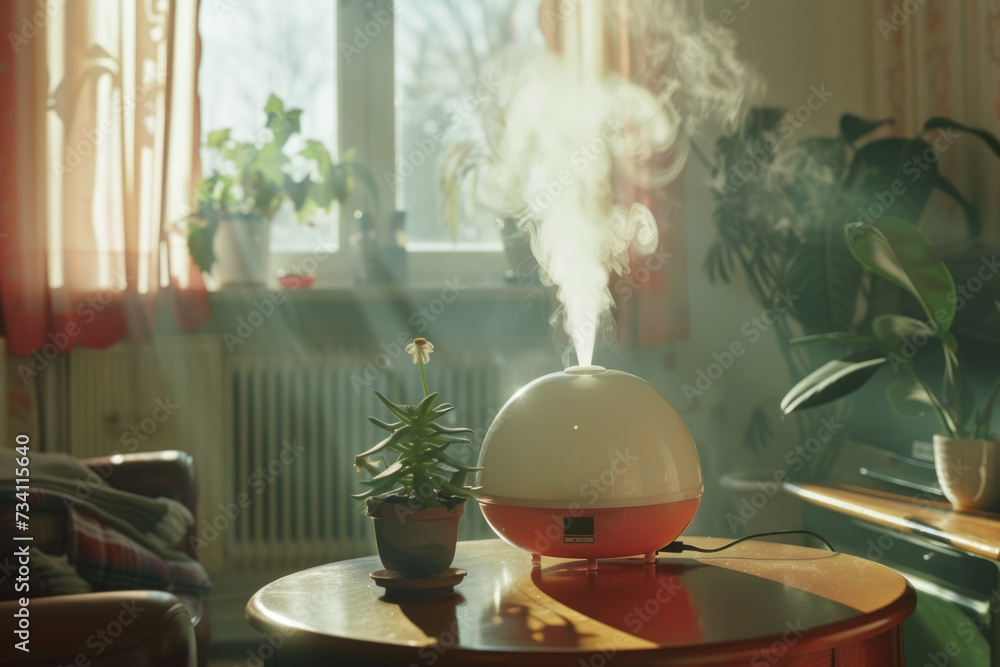 Poster A compact, straightforward description of the image: A humidifier sitting on top of a table next to a potted plant.