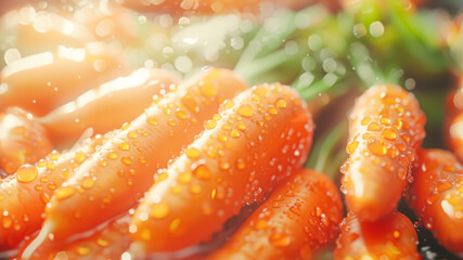 Fresh ripe carrots with water drops. Natural farm vegetables. Concept of healthy food, vegan or vegetarian diet and harvest. Close up, selected focus