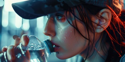 A woman in a baseball cap drinking from a water bottle. Suitable for fitness, hydration, and healthy lifestyle concepts - Powered by Adobe