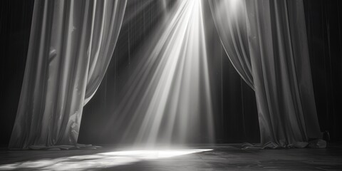 A black and white photo of a stage with curtains. Suitable for theater-related projects