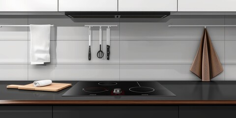 A functional kitchen with a stove top oven and a cutting board. Perfect for cooking and food preparation
