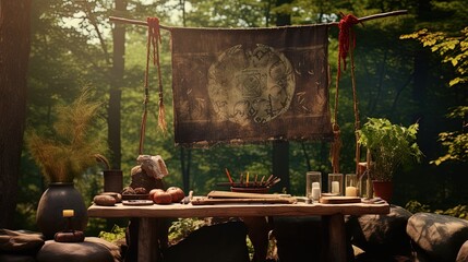 FOLOK magic: a banner with folklore tools and a natural background - obrazy, fototapety, plakaty