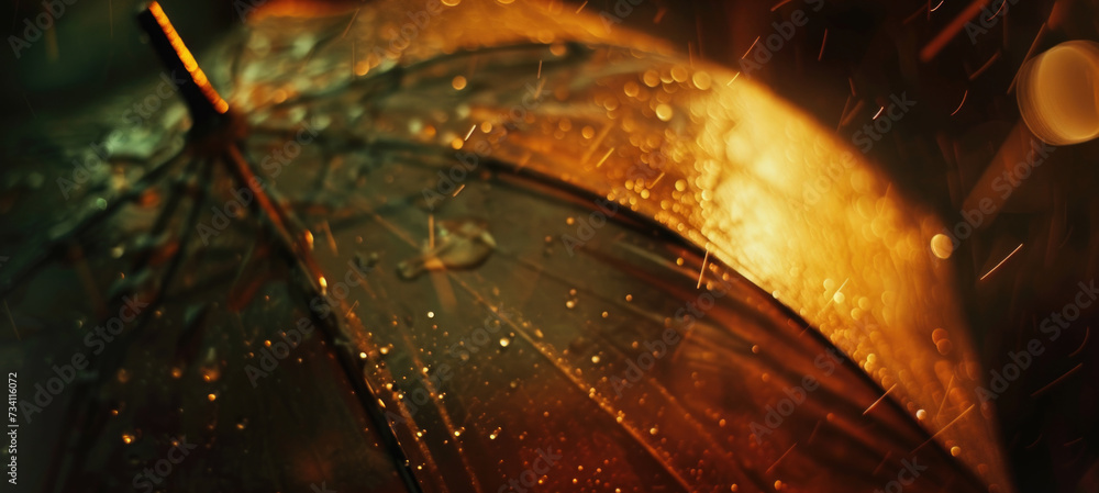 Poster a detailed close-up of an umbrella in the rain. suitable for various weather-related concepts and de