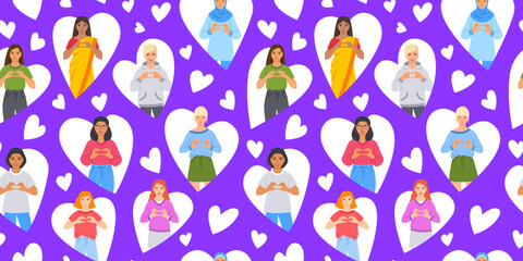 Stoffe zum Nähen Inspire inclusion campaign pose seamless pattern. International Women's Day background. Diverse women make heart symbol with hands to stop discrimination and stereotypes. Gender equal inclusive world