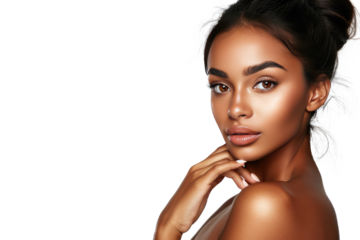 Studio portrait of a beautiful African American woman with clean healthy skin isolated on transparent png background.
