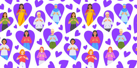 Stoffe zum Nähen Inspire inclusion campaign pose seamless pattern. International Women's Day background. Diverse women make heart symbol with hands to stop discrimination and stereotypes. Gender equal inclusive world