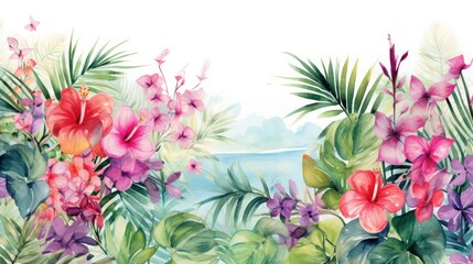 Flower background. Watercolor tropical jungle foliage and flowers illustration. Wall art wallpaper. 