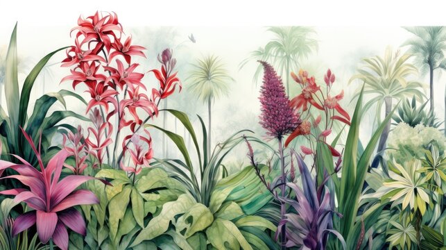 Flower background. Watercolor tropical jungle foliage and flowers illustration. Wall art wallpaper. © Ilmi