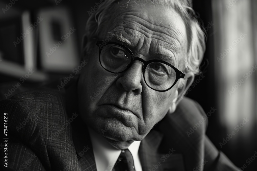 Poster a black and white photo capturing a man dressed in a suit and tie. suitable for business-related con