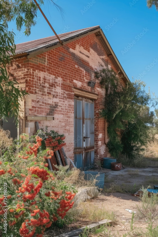 Poster an old brick building with a bunch of flowers in front. perfect for architectural and floral design 