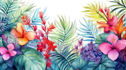 Flower background. Watercolor tropical jungle foliage and flowers illustration. Wall art wallpaper. 