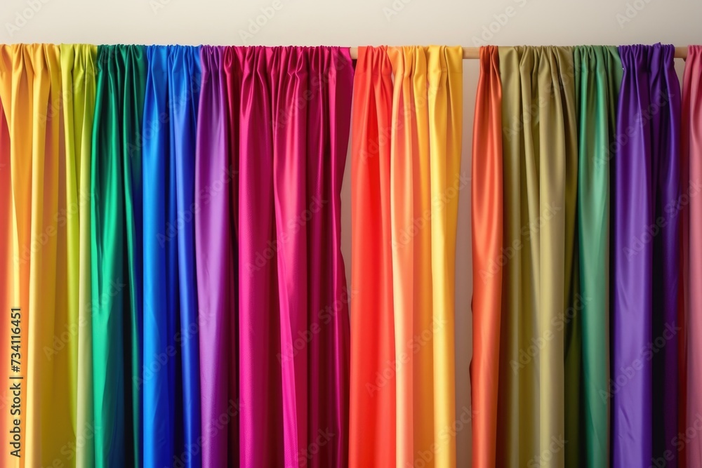 Poster a vibrant rainbow colored curtain hanging on a wall. perfect for adding a pop of color to any room
