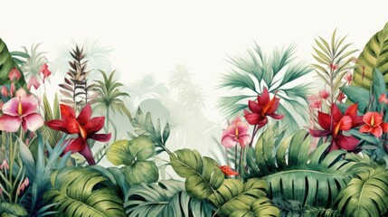Obraz premium Flower background. Watercolor tropical jungle foliage and flowers illustration. Wall art wallpaper. 