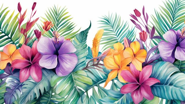 Flower background. Watercolor tropical jungle foliage and flowers illustration. Wall art wallpaper. 