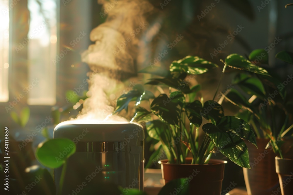 Poster A compact and straightforward description of the image featuring a humidifier sitting on top of a table next to potted plants.