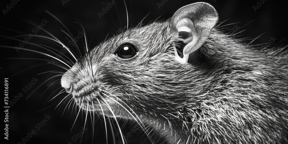 Poster A close up view of a mouse against a black background. Ideal for technology or computer-related concepts
