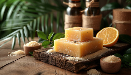 Handmade natural soap bars with lemon zest on top, accompanied by raw bath salts and essential oils, set against a backdrop of tropical foliage.