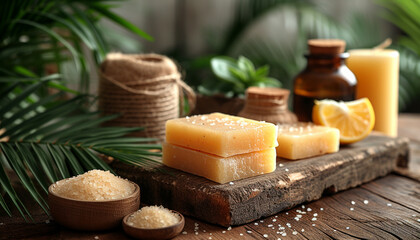 Handmade natural soap bars with lemon zest on top, accompanied by raw bath salts and essential oils, set against a backdrop of tropical foliage.