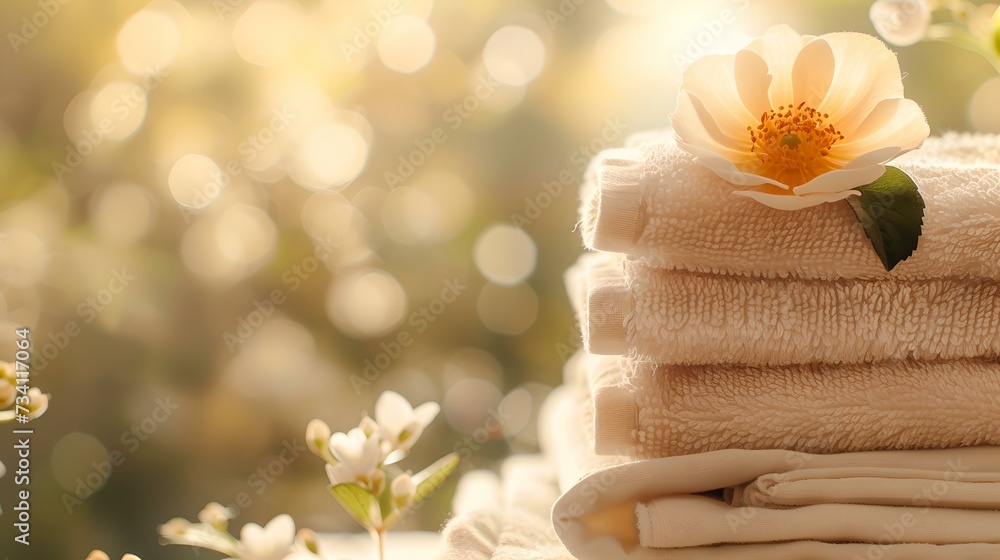 Poster soothing spa atmosphere with a stack of soft towels and a flower. perfect for relaxation and wellnes