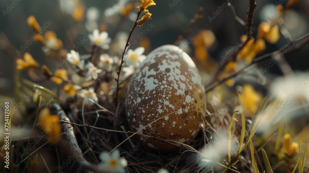 Poster A simple image featuring a brown and white egg placed on a field covered with green grass. Suitable for various uses