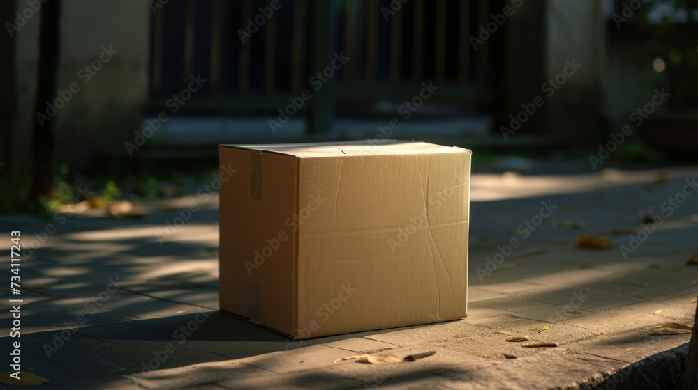 Poster a cardboard box sitting on the ground next to a tree. suitable for various applications