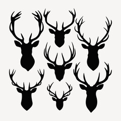 Naklejka premium Deer head black silhouette Different types of deer's heads with antlers vector illustration