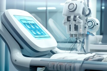 close-up view of a medical robotic electronical assist device working in a futuristic hospital