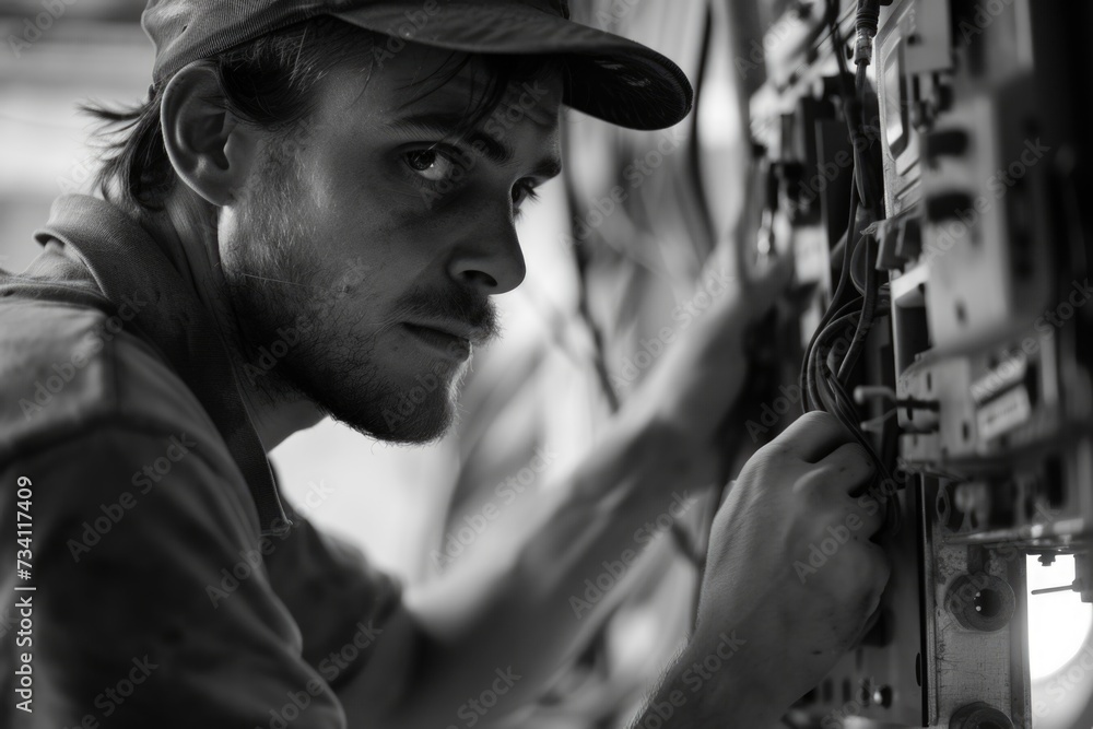 Poster a man wearing a cap is seen working on a machine. this image can be used to depict manual labor, ind