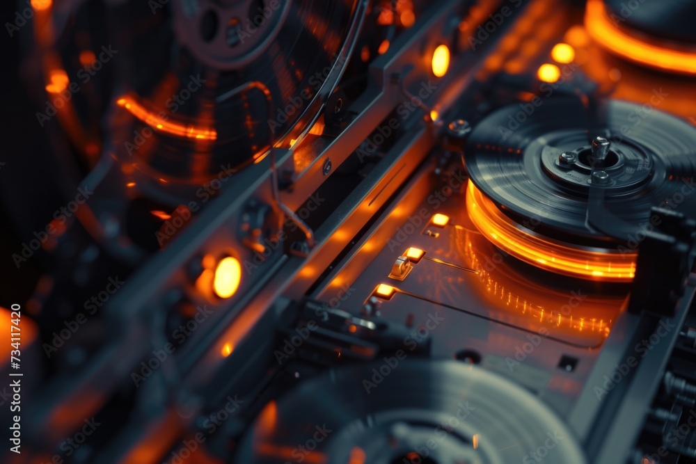 Poster a close-up view of a turntable with a record on it. this image can be used to depict music, vinyl re