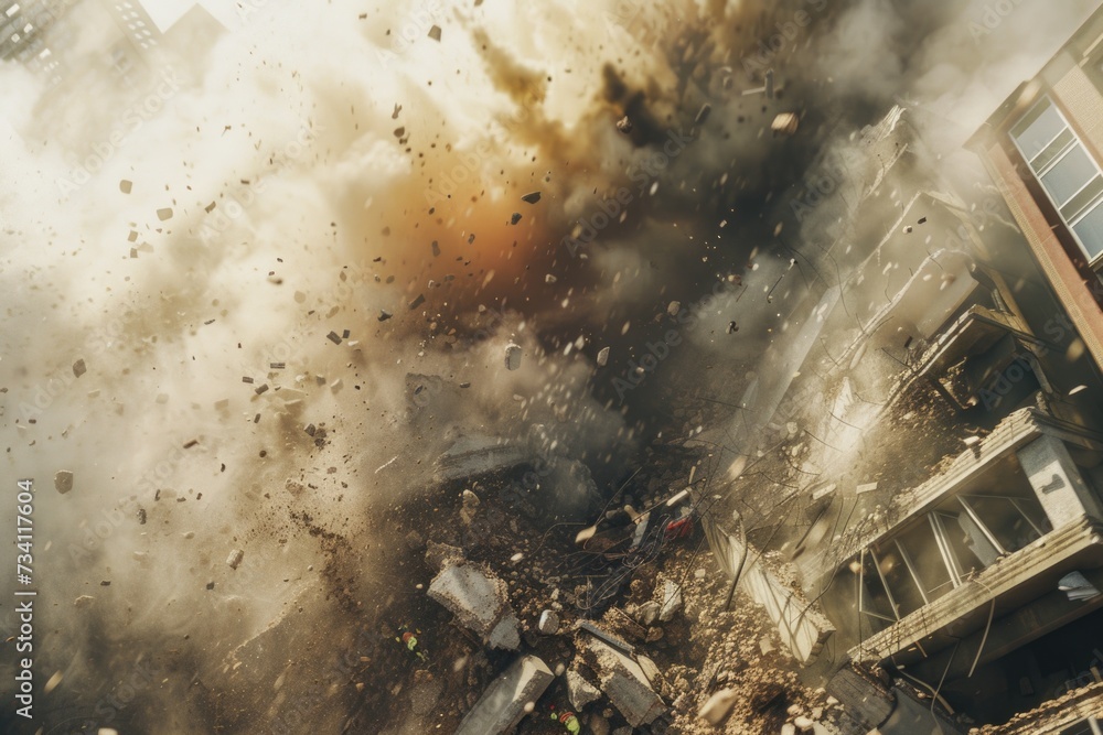 Poster a large building filled with debris. ideal for illustrating urban decay and post-apocalyptic scenari