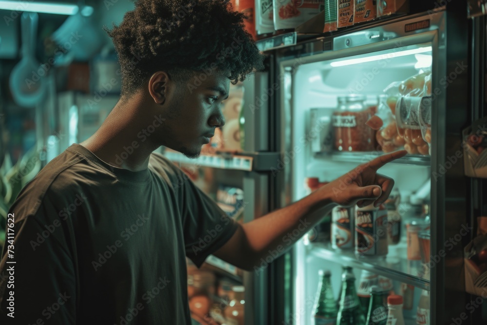 Poster A man pointing to a refrigerator in a store. Suitable for advertisements or articles related to home appliances