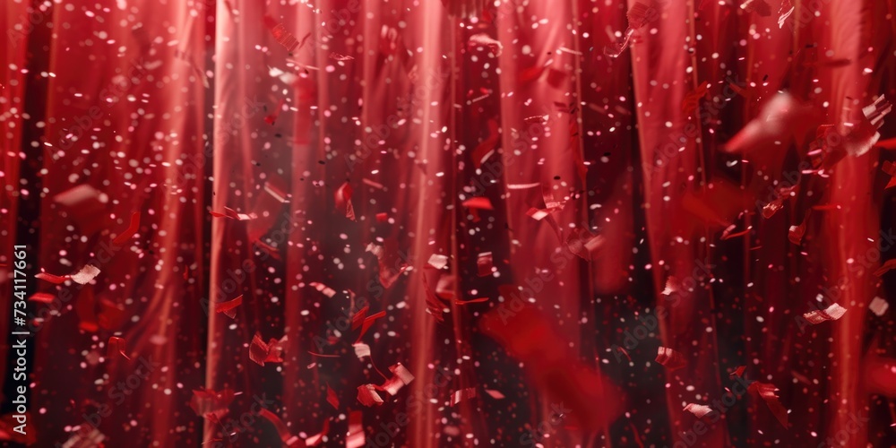 Poster a vibrant red curtain with an abundance of confetti falling from it. perfect for adding a celebrator