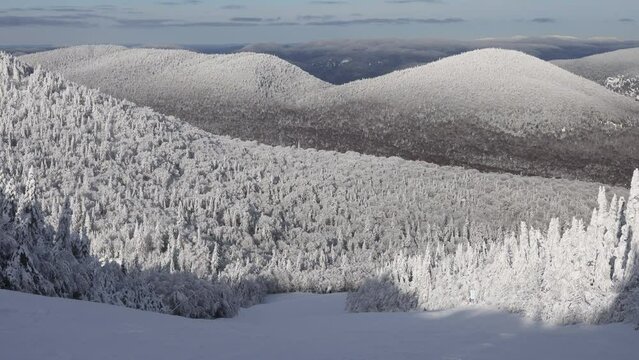 Mont Tremblant Majestic Winter Panorama: Snow-Blanketed Mountains Embrace the Serenity of Quebec. Mont Tremblant Pristine Ski Slope and Snow-Covered Pines: A Winter Haven for Skiers and Snowboarders