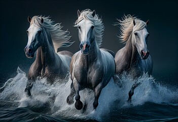 Three beautiful horses run galloping on the sea. Generative AI