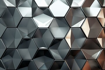Reflective 3D wall with glossy silver hexagonal tiles. Generative AI