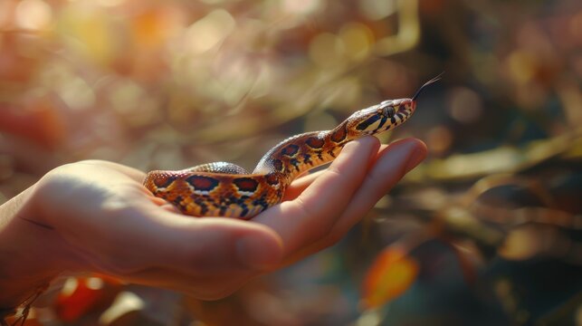 A person confidently holds a snake in their hand. This versatile image can be used to depict themes such as wildlife, animal handling, reptiles, fearlessness, or adventure