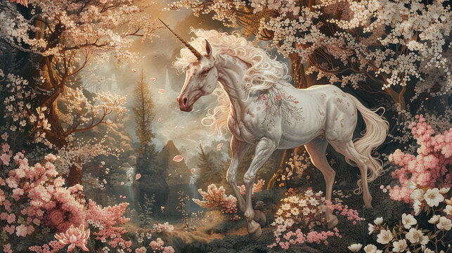 Isolated unicorn stallion standing in forest
